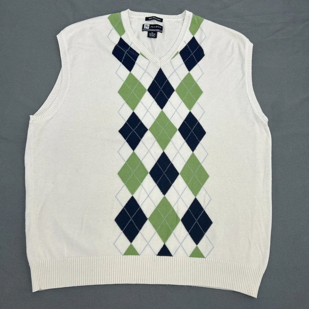Jos A. Bank Leadbetter Golf‎ Sweater Vest Men XL White Argyle V-Neck Pullover